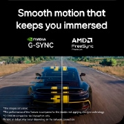 Escena de carreras de Assetto Corsa Competizione mostrada en un monitor de juegos, con soporte de sincronización adaptable con NVIDIA G-SYNC y AMD FreeSync Premium para un juego fluido sin desgarros.